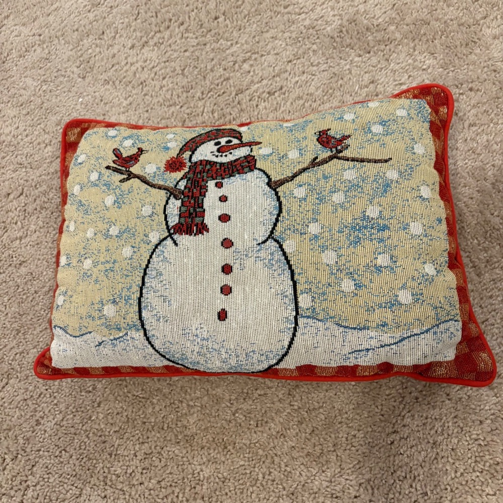 Christmas Snowman Tapestry Throw‎ Pillow Red Scarf Birds Festive 
Approx 17x12x5